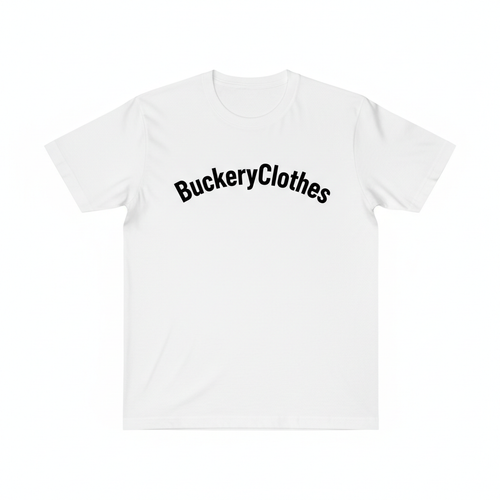 White t-shirt with BuckeryClothes brand print
