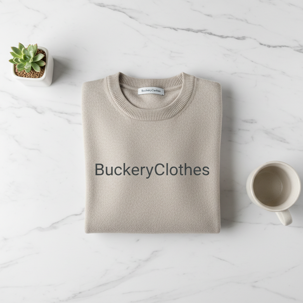 BuckeryClothes branded premium sweater flat lay on marble