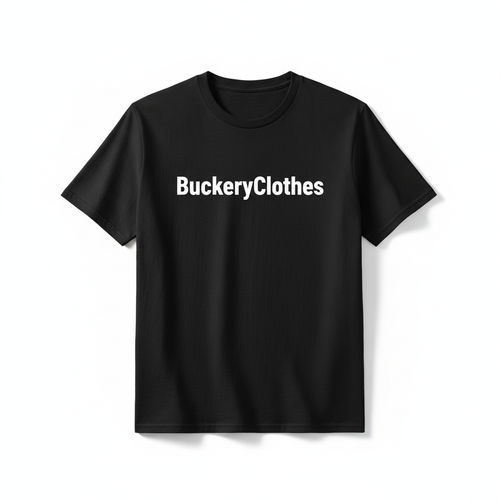 Black t-shirt with BuckeryClothes brand printed on the front